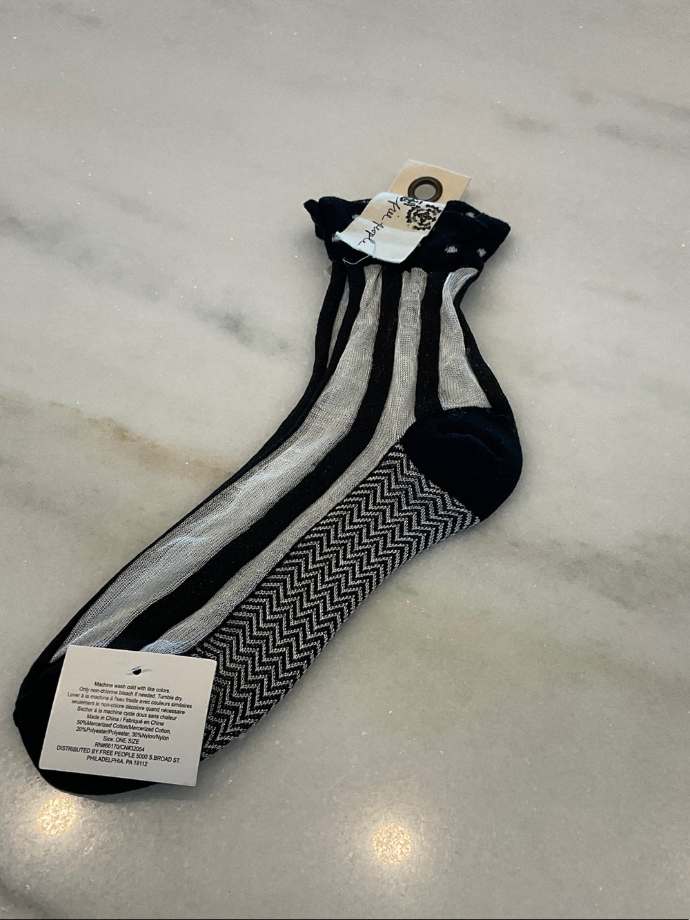 Free People Sheer Black No-Show Socks with Silver Chevron Accents
